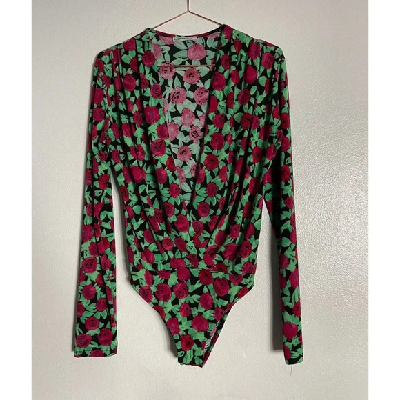 Zara Trafaluc Womens Long Sleeve Wrap Front Bodysuit Green Red Floral Sz S - Picture 1 of 7